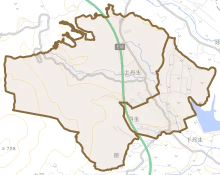 上丹生とその周辺の地図。町の範囲を重ねている