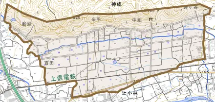 神成とその周辺の地図。町の範囲を重ねている