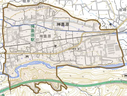 神農原とその周辺の地図。町の範囲を重ねている