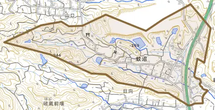 蚊沼とその周辺の地図。町の範囲を重ねている