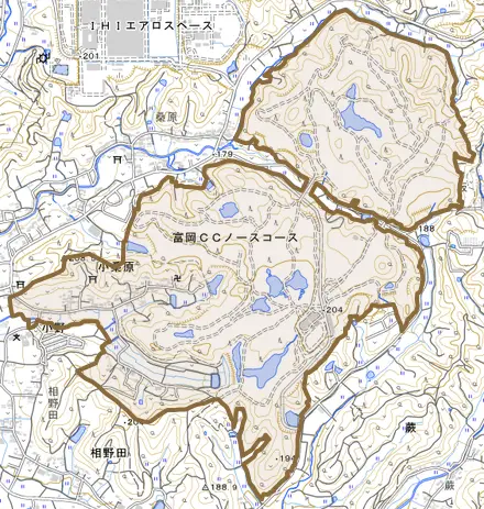 小桑原とその周辺の地図。町の範囲を重ねている