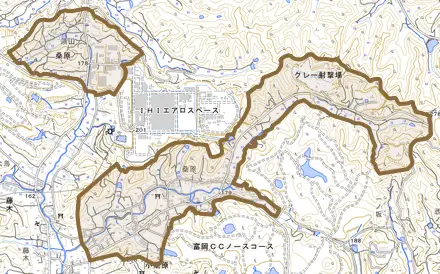 桑原とその周辺の地図。町の範囲を重ねている