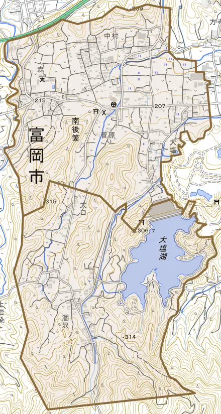 南後箇とその周辺の地図。町の範囲を重ねている