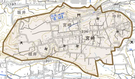 宮崎とその周辺の地図。町の範囲を重ねている