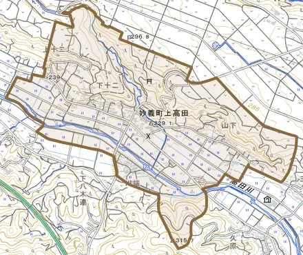妙義町上高田とその周辺の地図。町の範囲を重ねている