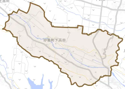 妙義町下高田とその周辺の地図。町の範囲を重ねている