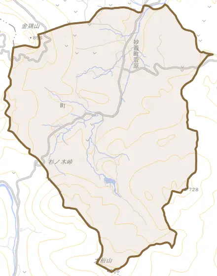 妙義町菅原とその周辺の地図。町の範囲を重ねている