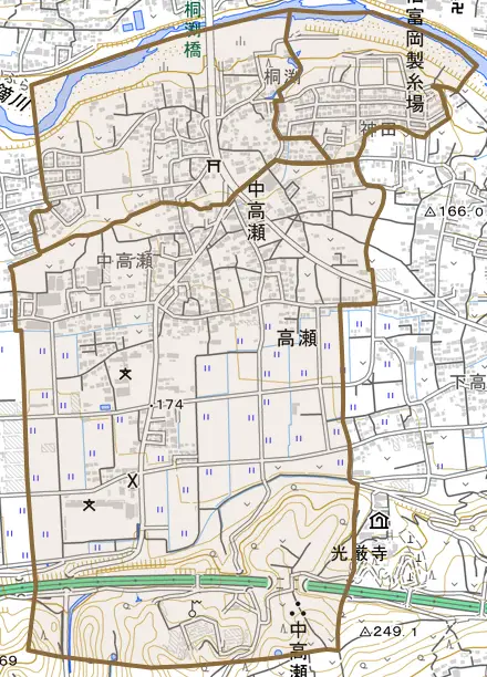 中高瀬とその周辺の地図。町の範囲を重ねている