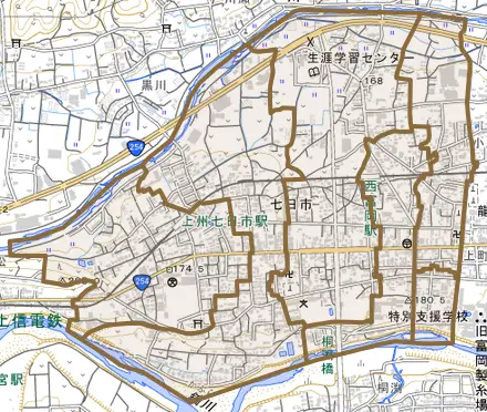 七日市とその周辺の地図。町の範囲を重ねている