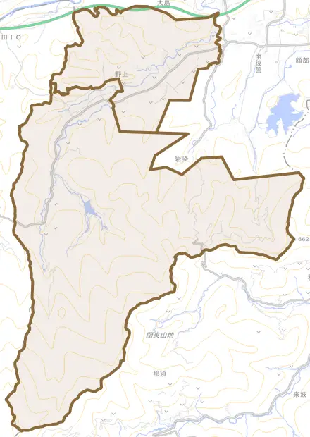 野上とその周辺の地図。町の範囲を重ねている