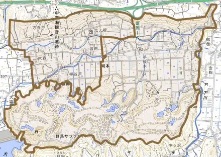 岡本とその周辺の地図。町の範囲を重ねている