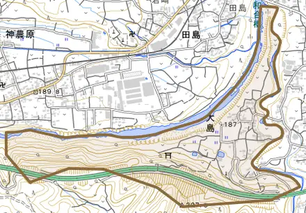 大島とその周辺の地図。町の範囲を重ねている