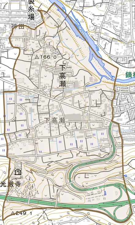 下高瀬とその周辺の地図。町の範囲を重ねている