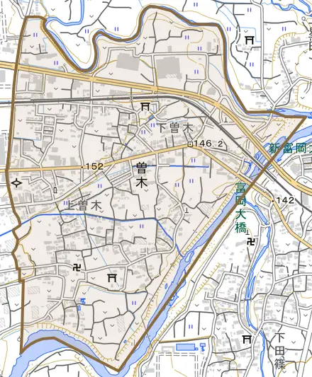 曽木とその周辺の地図。町の範囲を重ねている