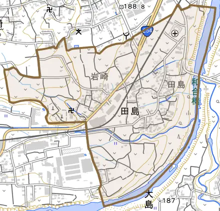 田島とその周辺の地図。町の範囲を重ねている