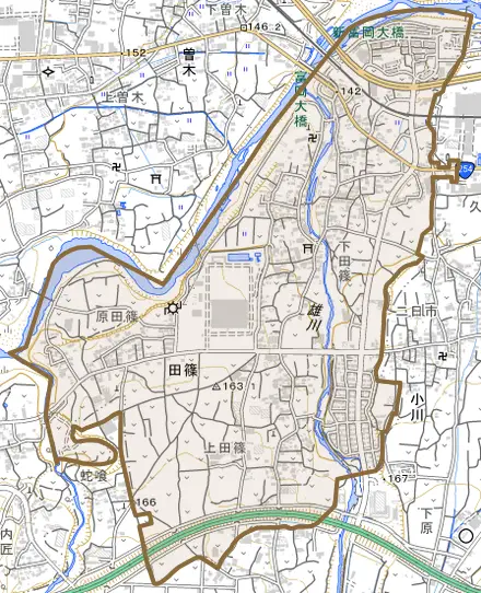 田篠とその周辺の地図。町の範囲を重ねている