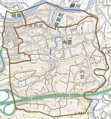 内匠とその周辺の地図。町の範囲を重ねている