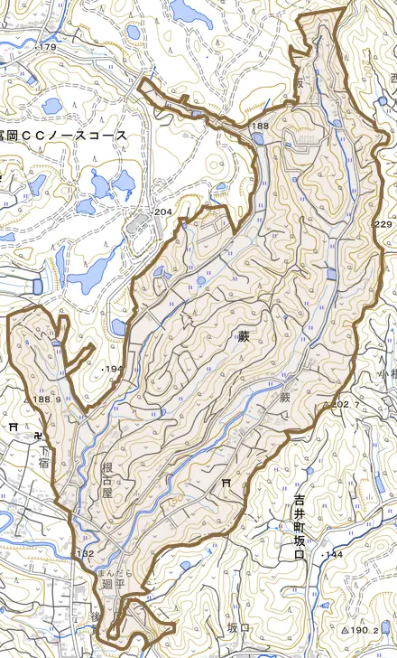 蕨とその周辺の地図。町の範囲を重ねている