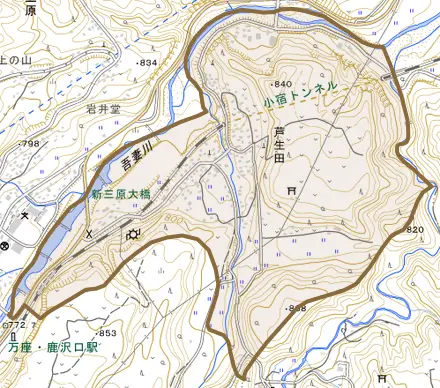 大字芦生田とその周辺の地図。町の範囲を重ねている