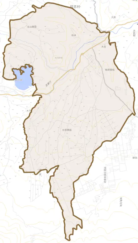 大字大笹とその周辺の地図。町の範囲を重ねている