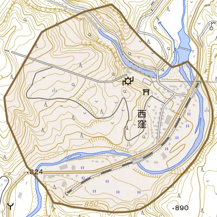 大字西窪とその周辺の地図。町の範囲を重ねている