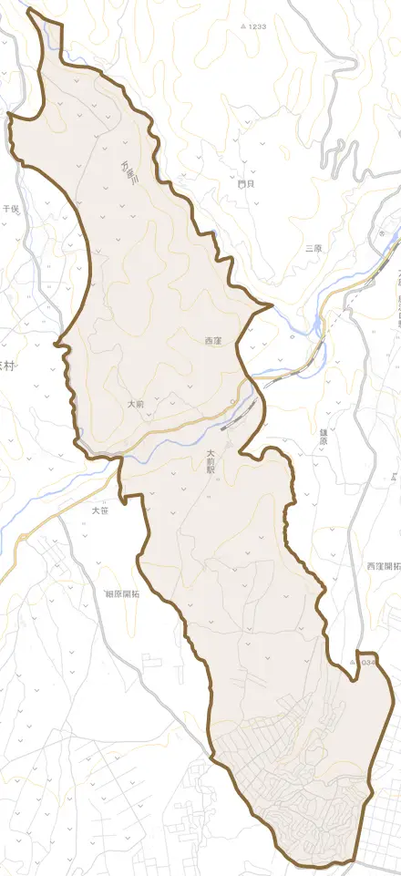 大字大前とその周辺の地図。町の範囲を重ねている