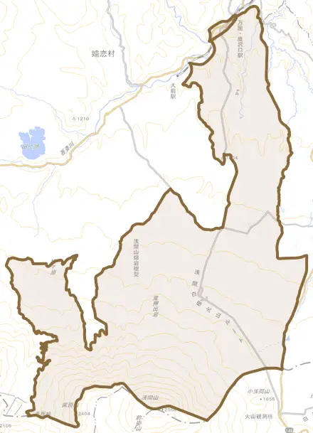大字鎌原とその周辺の地図。町の範囲を重ねている