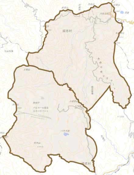 大字干俣とその周辺の地図。町の範囲を重ねている