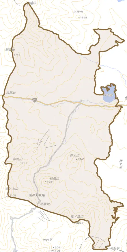 大字田代とその周辺の地図。町の範囲を重ねている