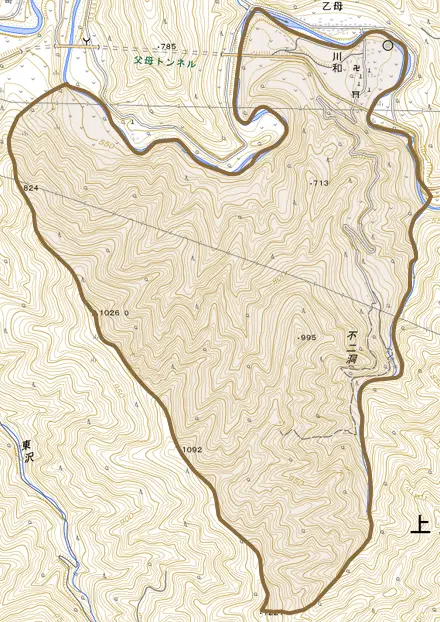 大字川和とその周辺の地図。町の範囲を重ねている