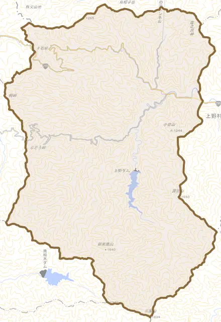 大字楢原とその周辺の地図。町の範囲を重ねている