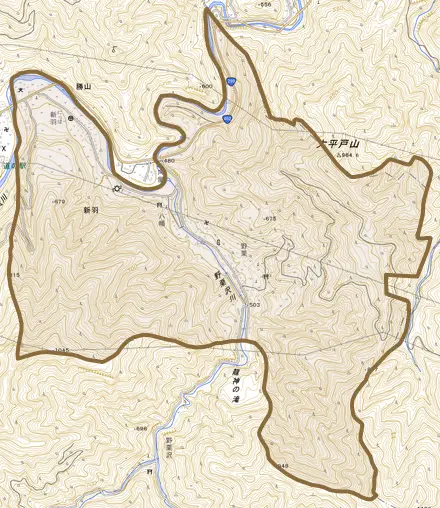 大字新羽とその周辺の地図。町の範囲を重ねている