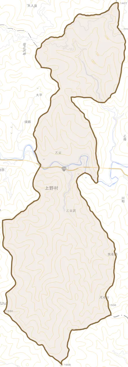 大字乙父とその周辺の地図。町の範囲を重ねている