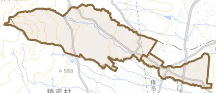 大字上野田とその周辺の地図。町の範囲を重ねている