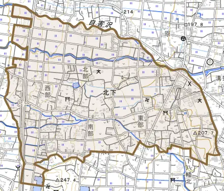 大字北下とその周辺の地図。町の範囲を重ねている