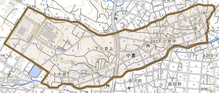 大字小倉とその周辺の地図。町の範囲を重ねている