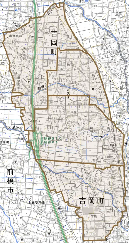 大字大久保とその周辺の地図。町の範囲を重ねている