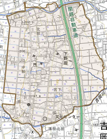 大字下野田とその周辺の地図。町の範囲を重ねている