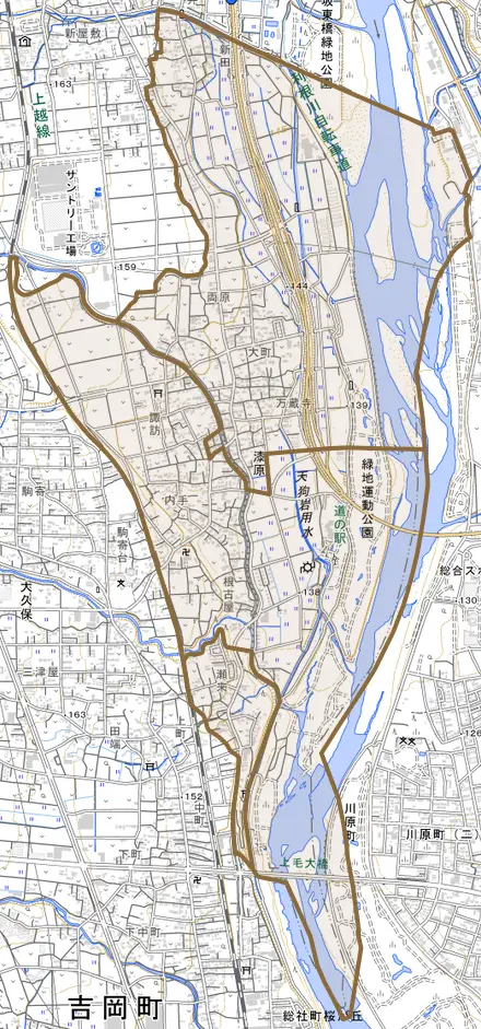 大字漆原とその周辺の地図。町の範囲を重ねている