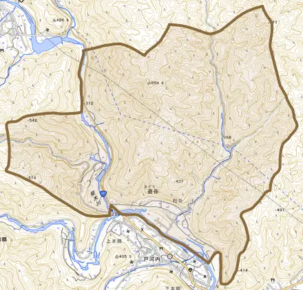 大字遊谷とその周辺の地図。町の範囲を重ねている