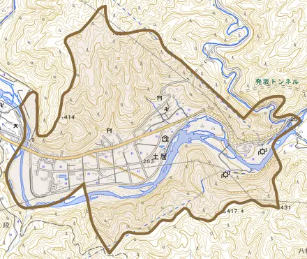 大字土居とその周辺の地図。町の範囲を重ねている