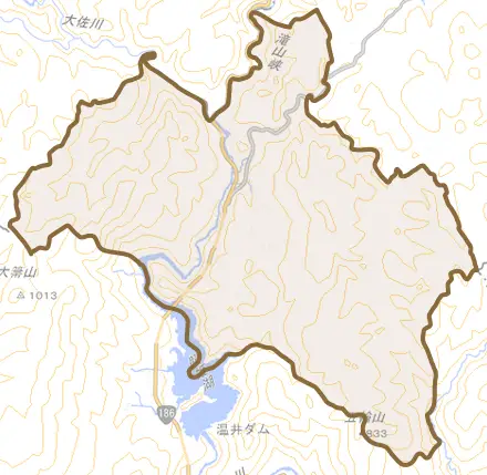 大字猪山とその周辺の地図。町の範囲を重ねている