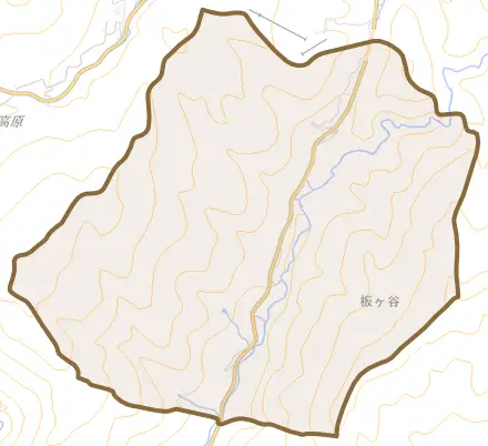 大字板ケ谷とその周辺の地図。町の範囲を重ねている