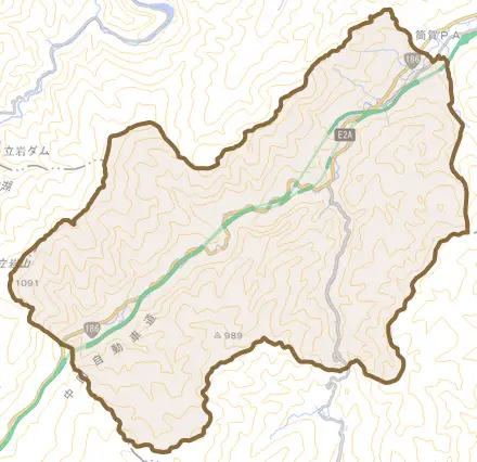 大字上筒賀とその周辺の地図。町の範囲を重ねている