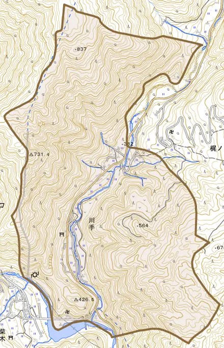 大字川手とその周辺の地図。町の範囲を重ねている