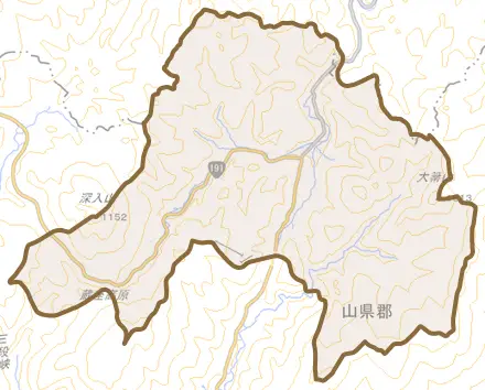 大字松原とその周辺の地図。町の範囲を重ねている