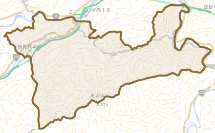 大字中筒賀とその周辺の地図。町の範囲を重ねている