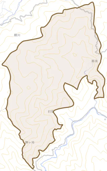 大字那須とその周辺の地図。町の範囲を重ねている