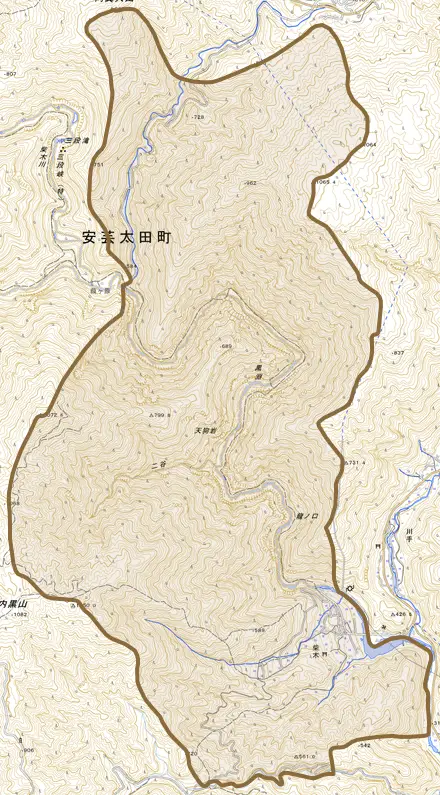 大字柴木とその周辺の地図。町の範囲を重ねている