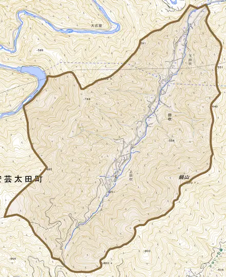 大字田吹とその周辺の地図。町の範囲を重ねている